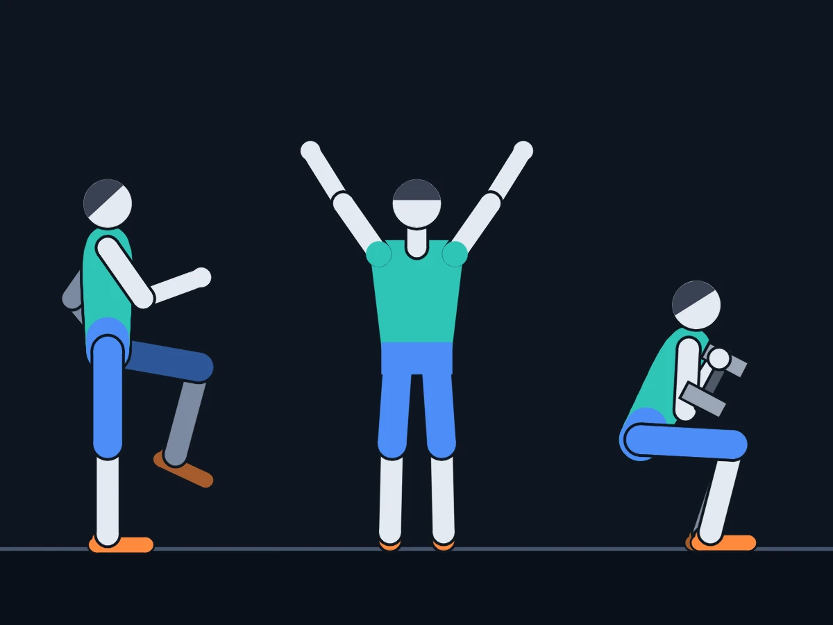 Coach Cole, Corebound's animated coach, in three poses from the follow-along videos